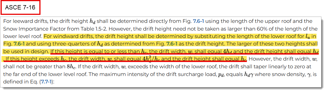 ASCE 7-16 snow-drift provision stating that the drift height need not exceed h sub c.