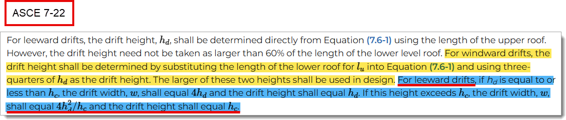 ASCE 7-22 snow-drift provision stating that the drift height for leeward drifts need not exceed h sub c.